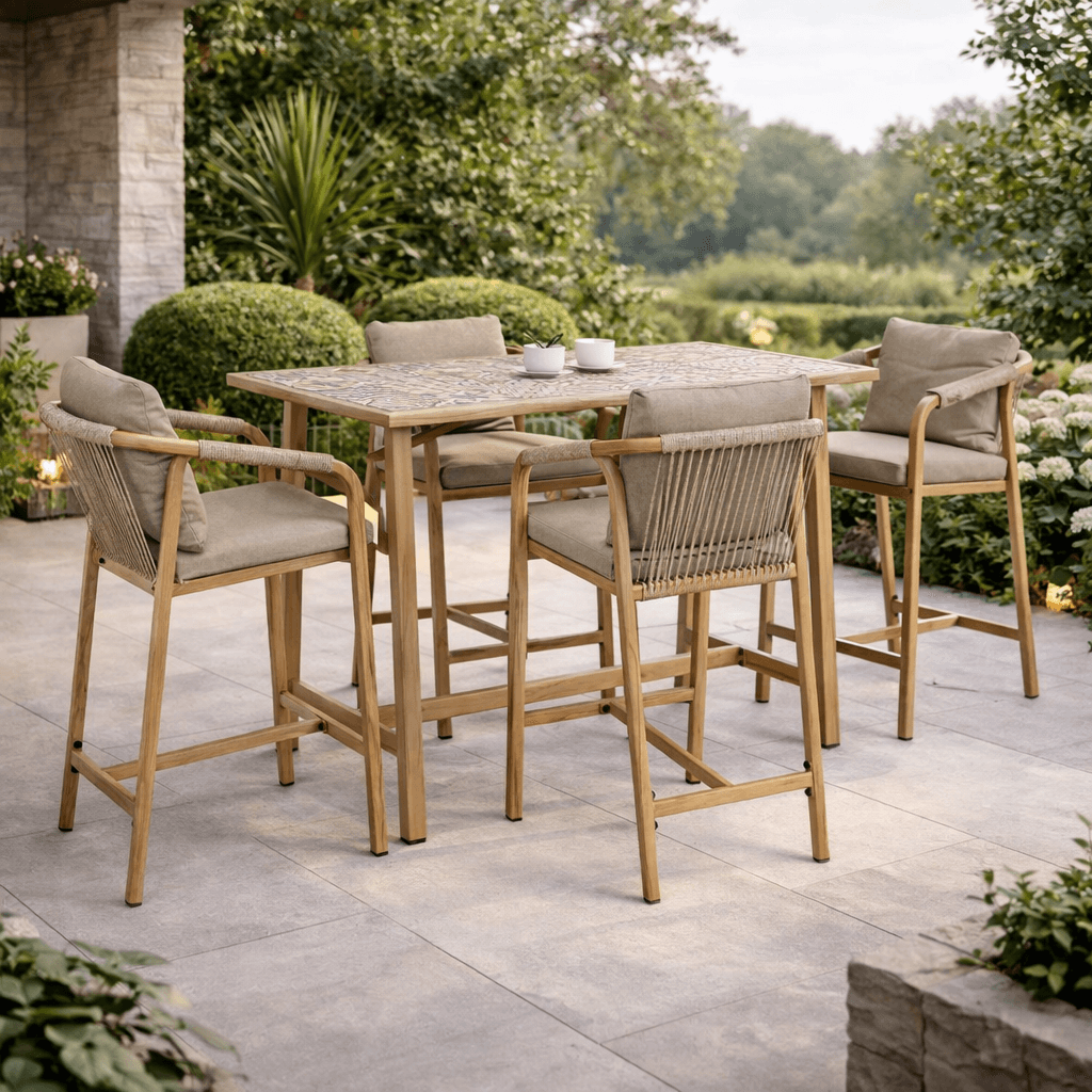 Set salotto "Kalimera" tavolo da bar + 4 sgabelli, per arredo giardino in Set di mobili Decor Space - Altamura, commercioVirtuoso.it