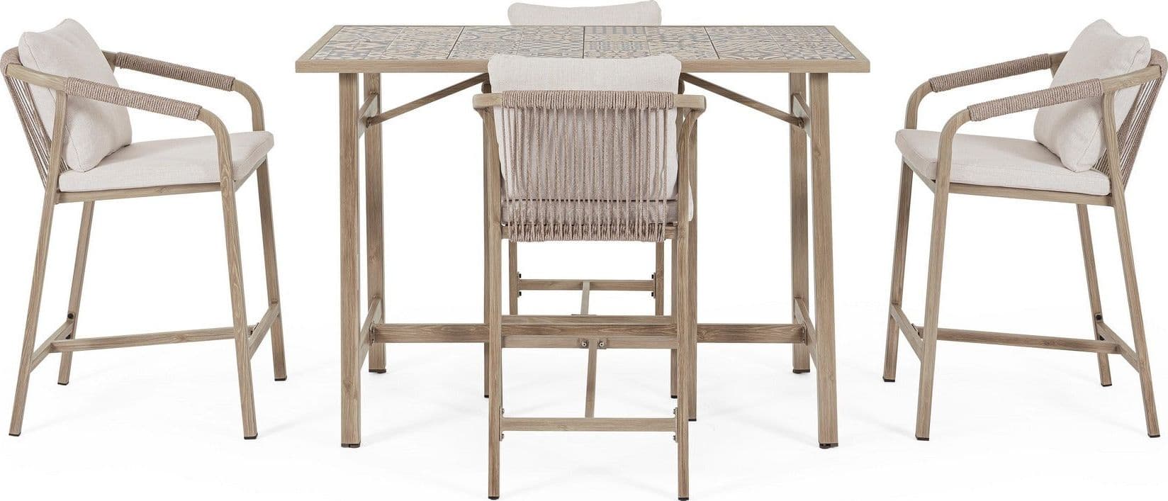 Set salotto "Kalimera" tavolo da bar + 4 sgabelli, per arredo giardino in Set di mobili Decor Space - Altamura, commercioVirtuoso.it