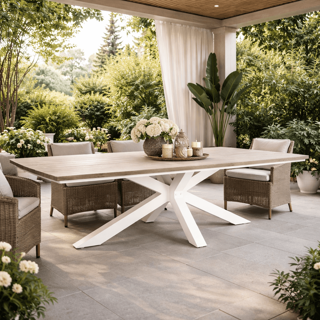 Tavolo "Zelmar" con struttura in alluminio, piano in doghe effetto legno, per arredo interno ed esterno in Tavoli da sala da pranzo Decor Space - Altamura, commercioVirtuoso.it