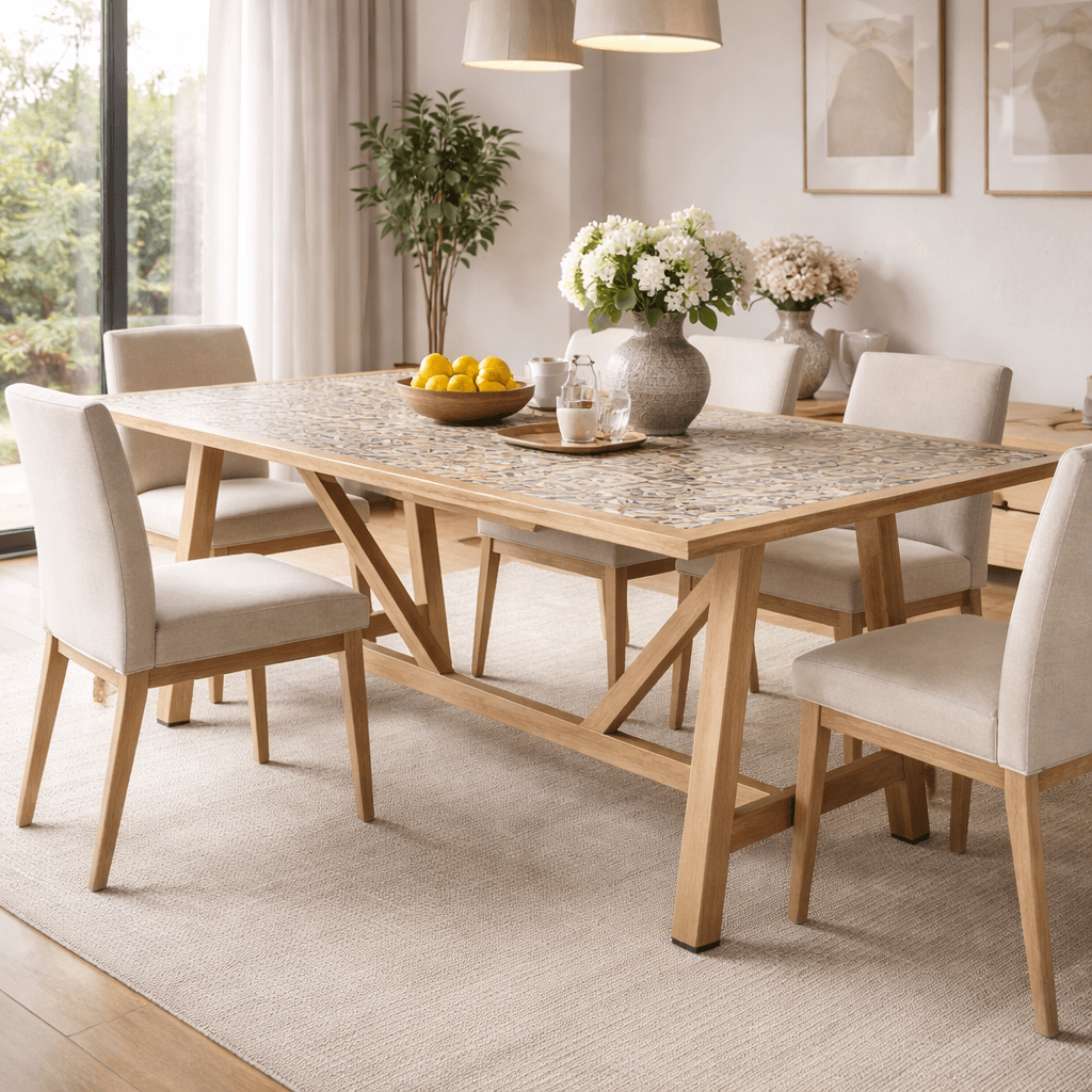 Tavolo "Kalimera" con struttura in alluminio effetto legno, piano in porcellana, per arredo interno in Tavoli da sala da pranzo Decor Space - Altamura, commercioVirtuoso.it