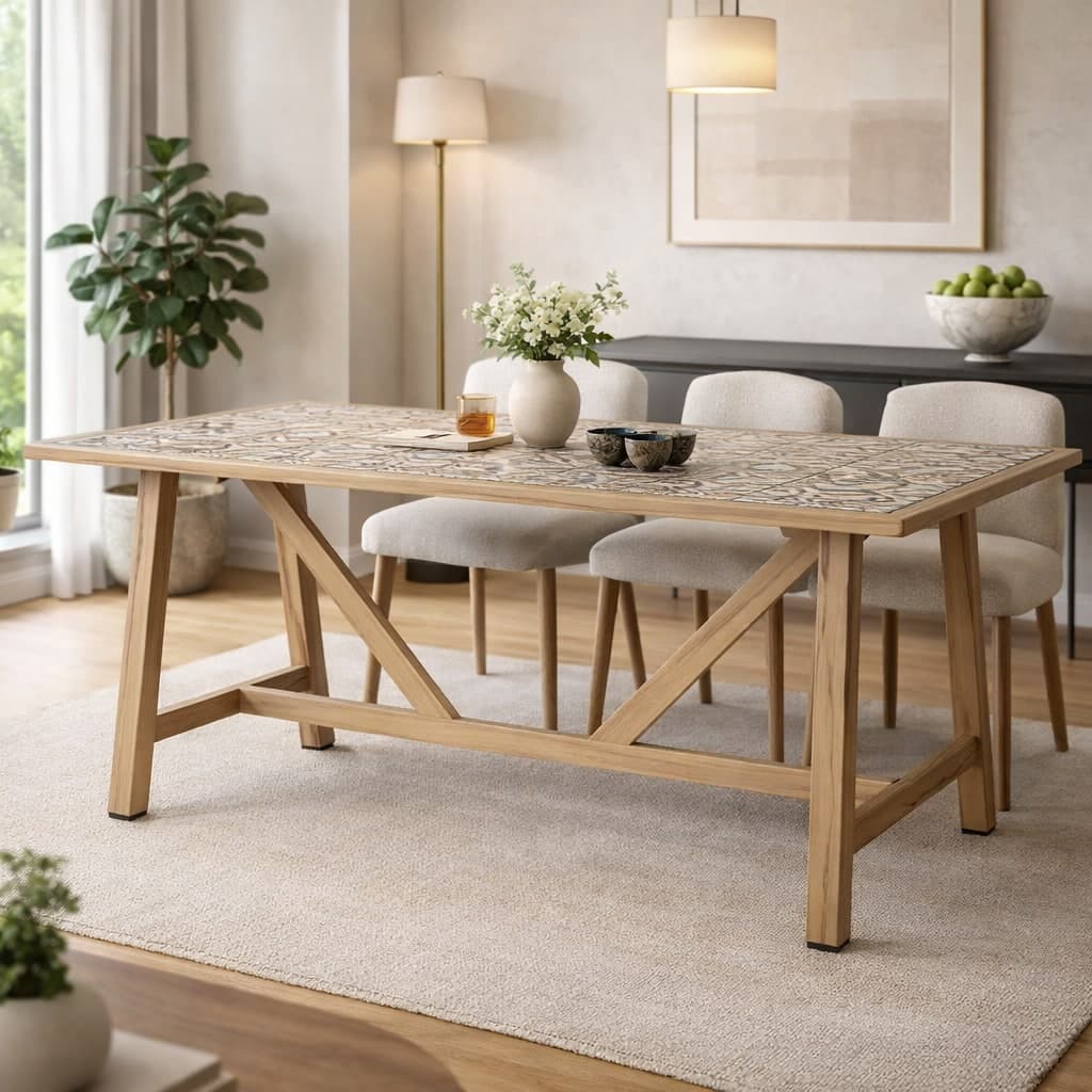 Tavolo "Kalimera" con struttura in alluminio effetto legno, piano in porcellana, per arredo interno in Tavoli da sala da pranzo Decor Space - Altamura, commercioVirtuoso.it