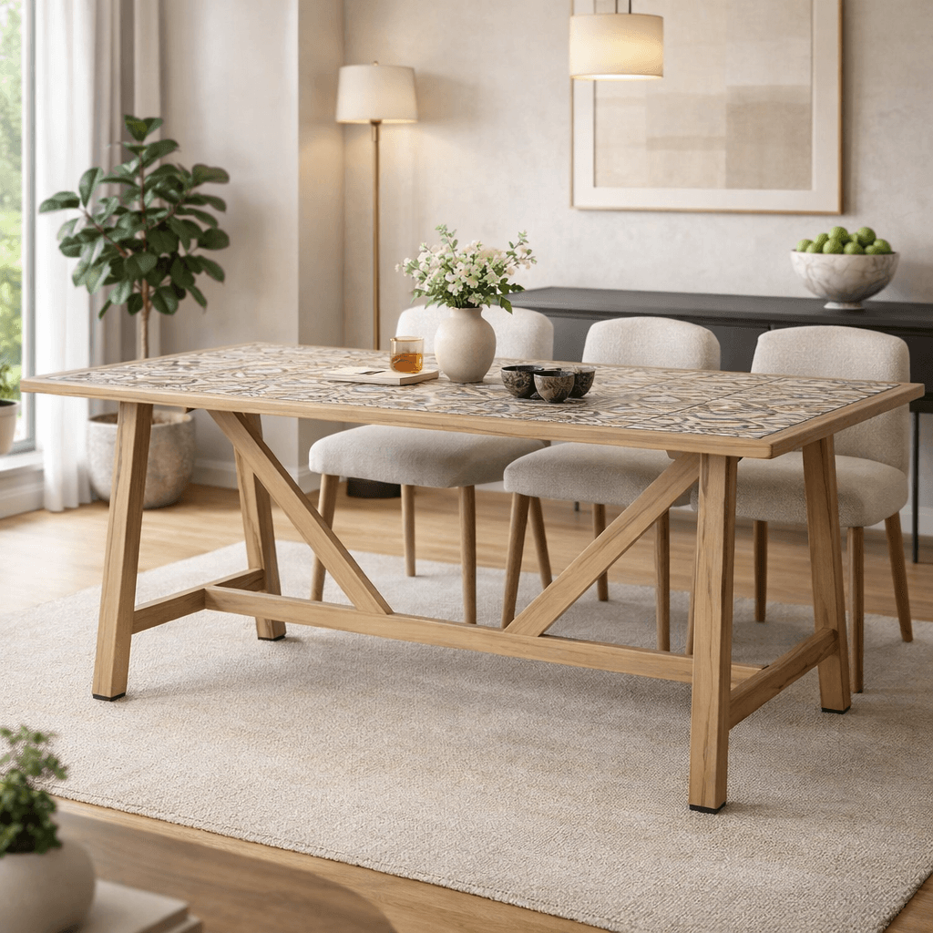 Tavolo "Kalimera" con struttura in alluminio effetto legno, piano in porcellana, per arredo interno in Tavoli da sala da pranzo Decor Space - Altamura, commercioVirtuoso.it