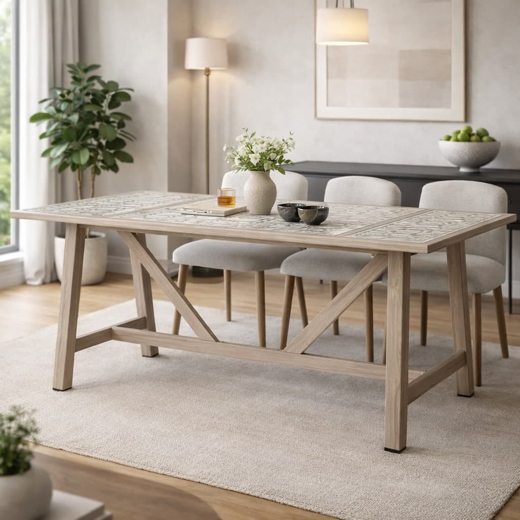 Tavolo "Kalimera" con struttura in alluminio effetto legno, piano in porcellana, per arredo interno in Tavoli da sala da pranzo Decor Space - Altamura, commercioVirtuoso.it