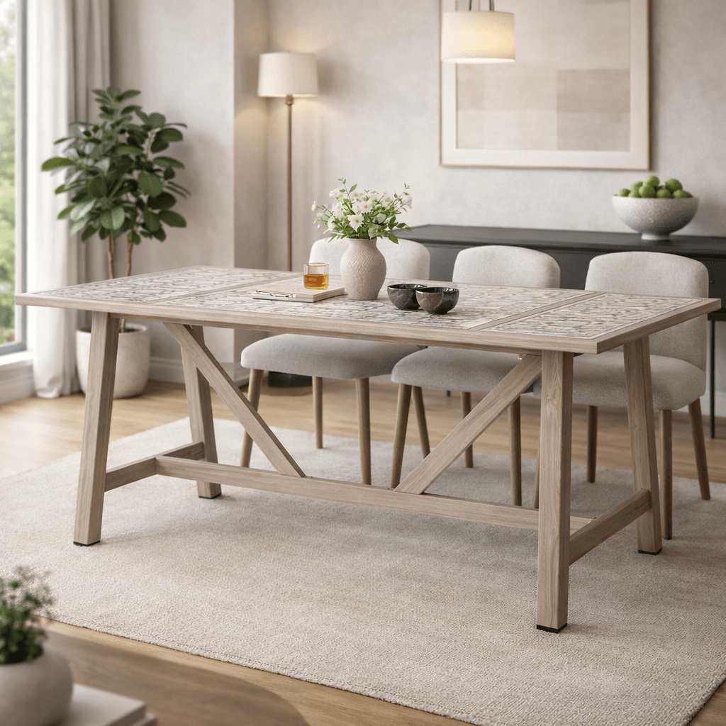 Tavolo "Kalimera" con struttura in alluminio effetto legno, piano in porcellana, per arredo interno in Tavoli da sala da pranzo Decor Space - Altamura, commercioVirtuoso.it