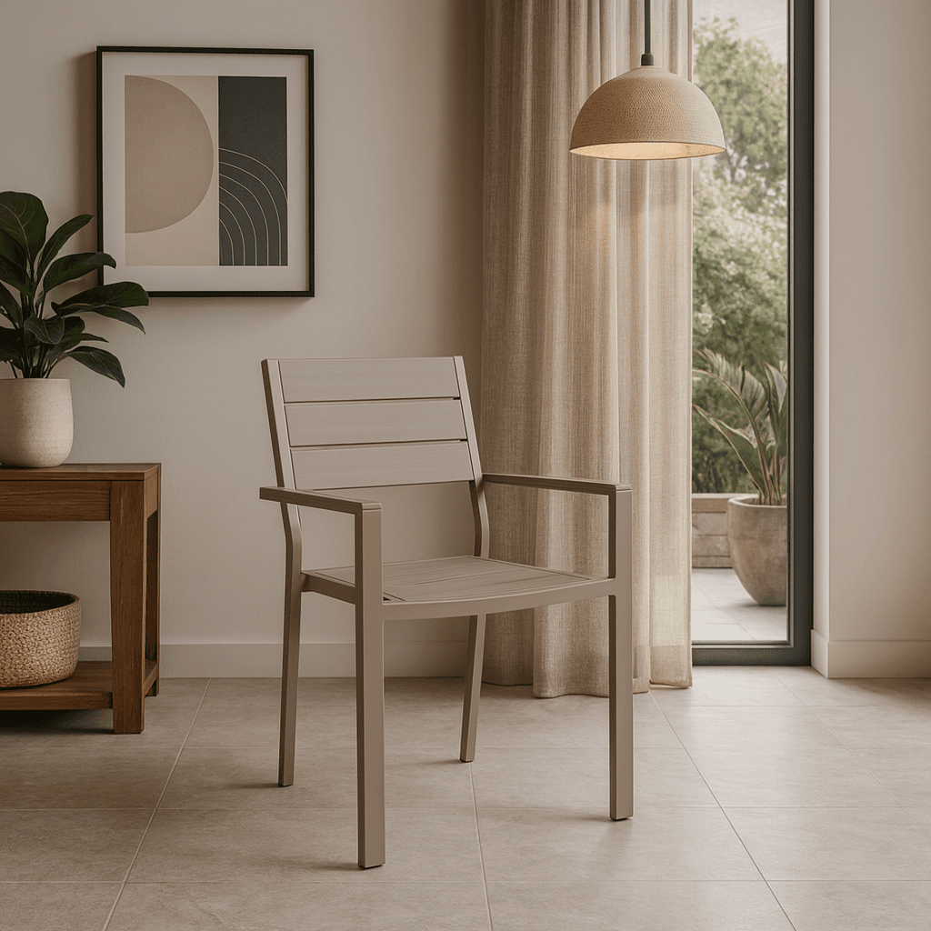Sedia "Sarita" struttura in acciaio effetto legno venato, con braccioli, per interni ed esterni in Sedie per tavolo da giardino Decor Space - Altamura, commercioVirtuoso.it
