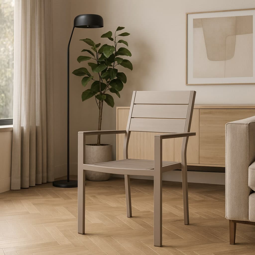 Sedia "Sarita" struttura in acciaio effetto legno venato, con braccioli, per interni ed esterni in Sedie per tavolo da giardino Decor Space - Altamura, commercioVirtuoso.it