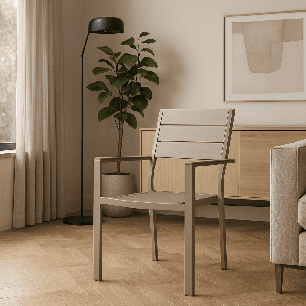 Sedia "Sarita" struttura in acciaio effetto legno venato, con braccioli, per interni ed esterni in Sedie per tavolo da giardino Decor Space - Altamura, commercioVirtuoso.it