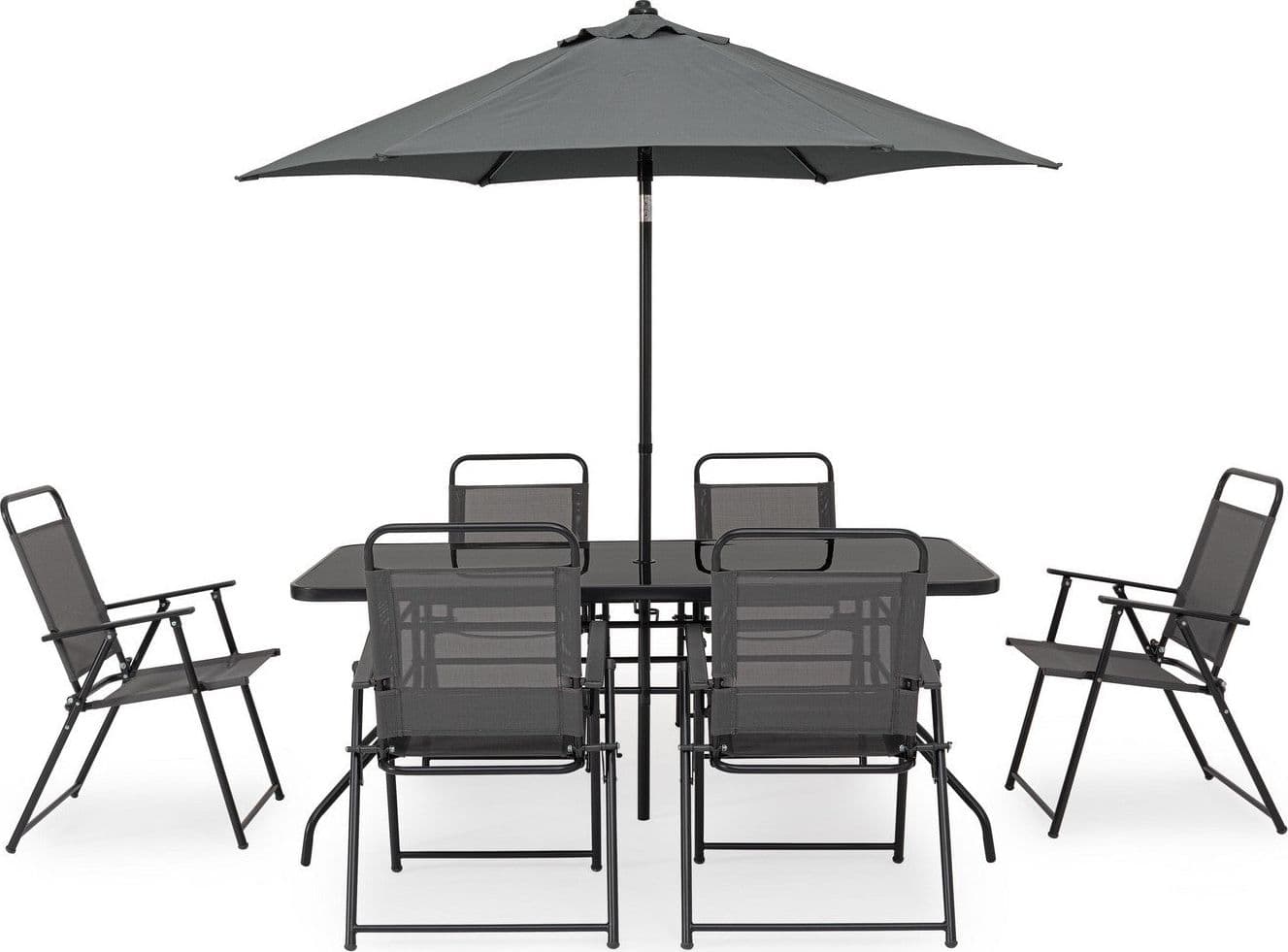 Set tavolo "Pompei" con sedie e ombrellone, in alluminio verniciato antracite, per esterno in Set di mobili Decor Space - Altamura, commercioVirtuoso.it