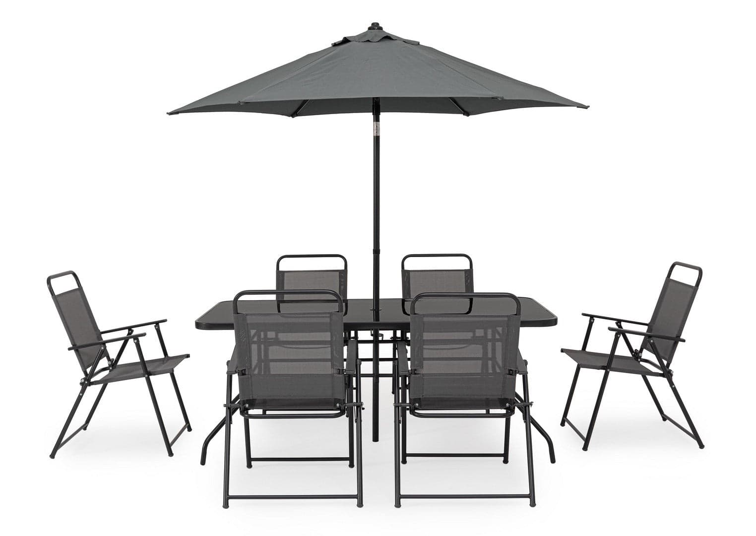 Set tavolo "Pompei" con sedie e ombrellone, in alluminio verniciato antracite, per esterno in Set di mobili Decor Space - Altamura, commercioVirtuoso.it