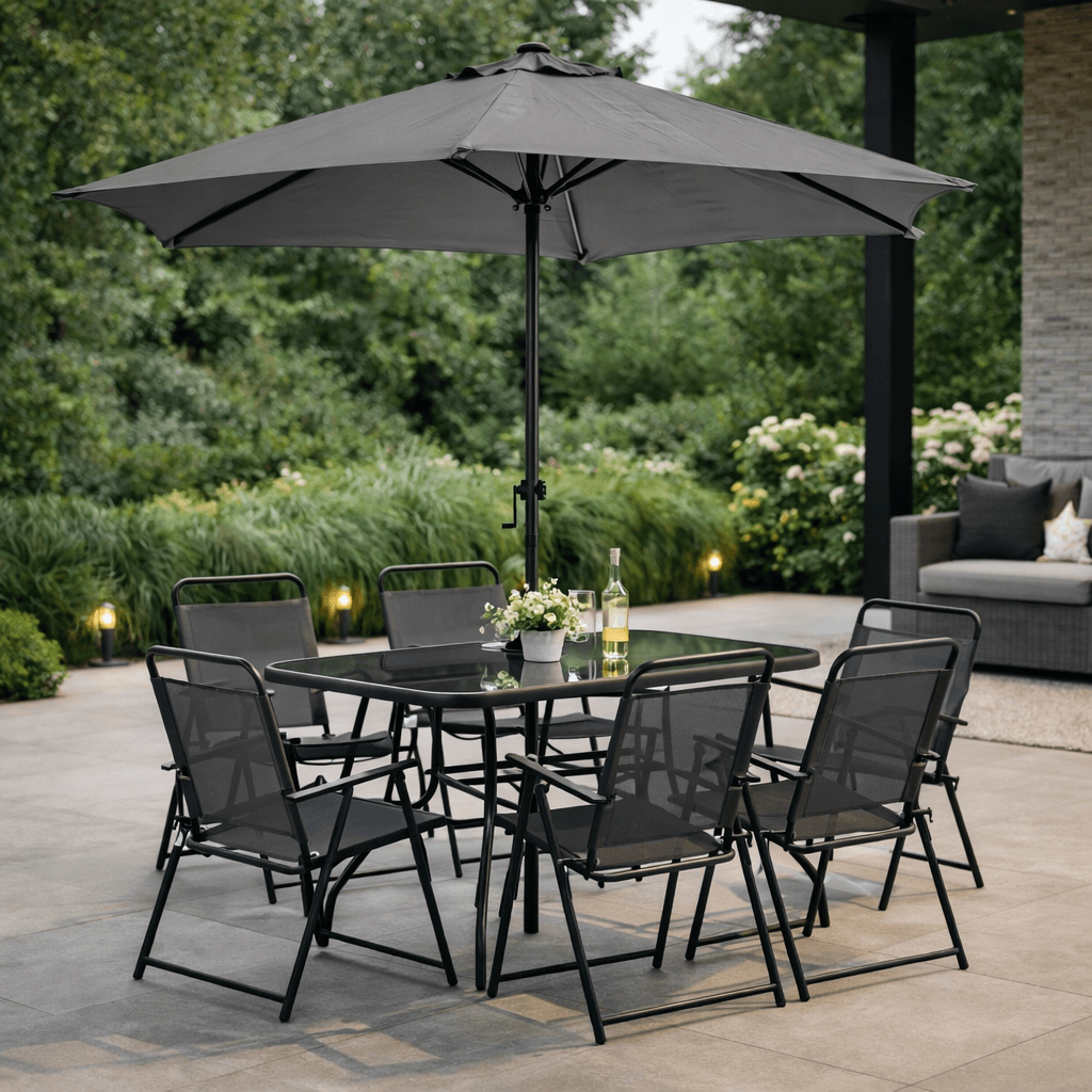 Set tavolo "Pompei" con sedie e ombrellone, in alluminio verniciato antracite, per esterno in Set di mobili Decor Space - Altamura, commercioVirtuoso.it