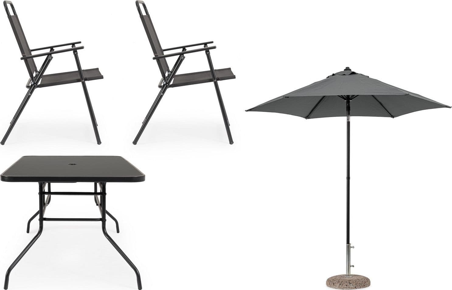 Set tavolo "Pompei" con sedie e ombrellone, in alluminio verniciato antracite, per esterno in Set di mobili Decor Space - Altamura, commercioVirtuoso.it