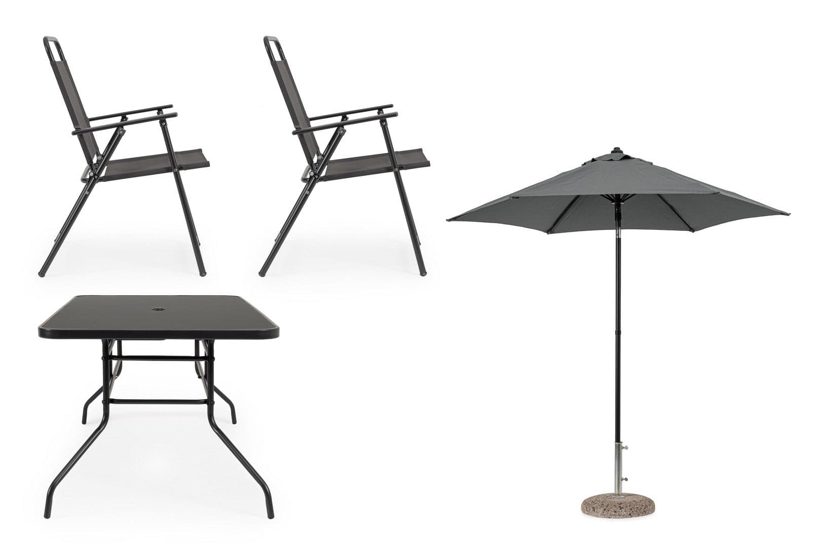 Set tavolo "Pompei" con sedie e ombrellone, in alluminio verniciato antracite, per esterno in Set di mobili Decor Space - Altamura, commercioVirtuoso.it