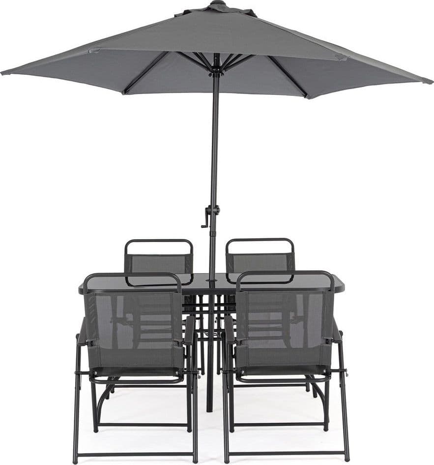 Set tavolo "Pompei" con sedie e ombrellone, in alluminio verniciato antracite, per esterno - 24
