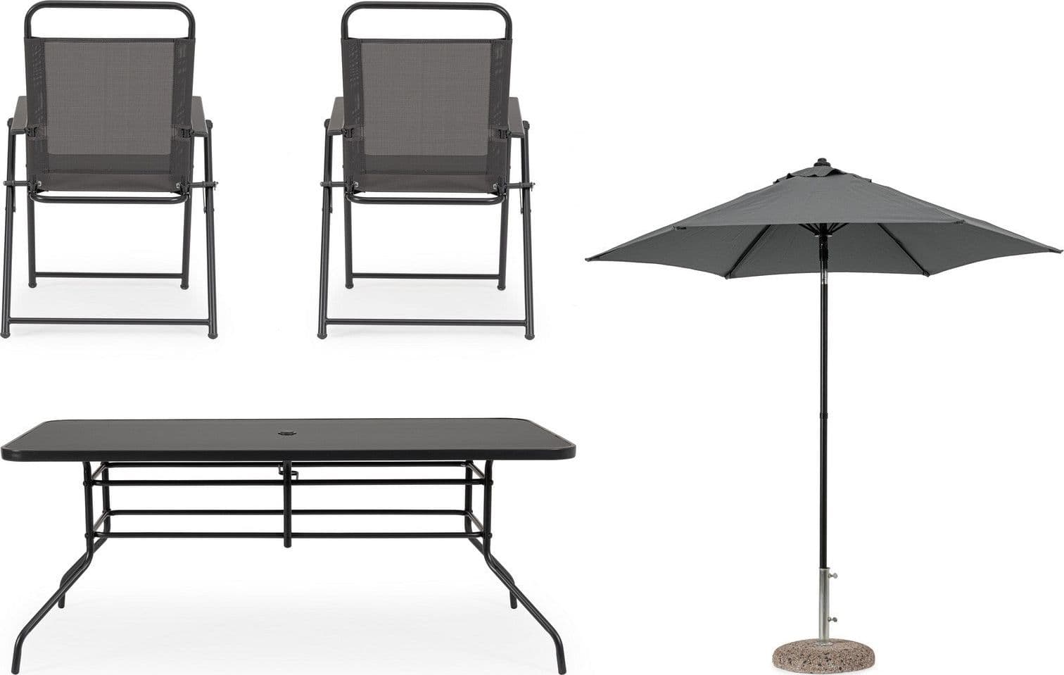 Set tavolo "Pompei" con sedie e ombrellone, in alluminio verniciato antracite, per esterno in Set di mobili Decor Space - Altamura, commercioVirtuoso.it