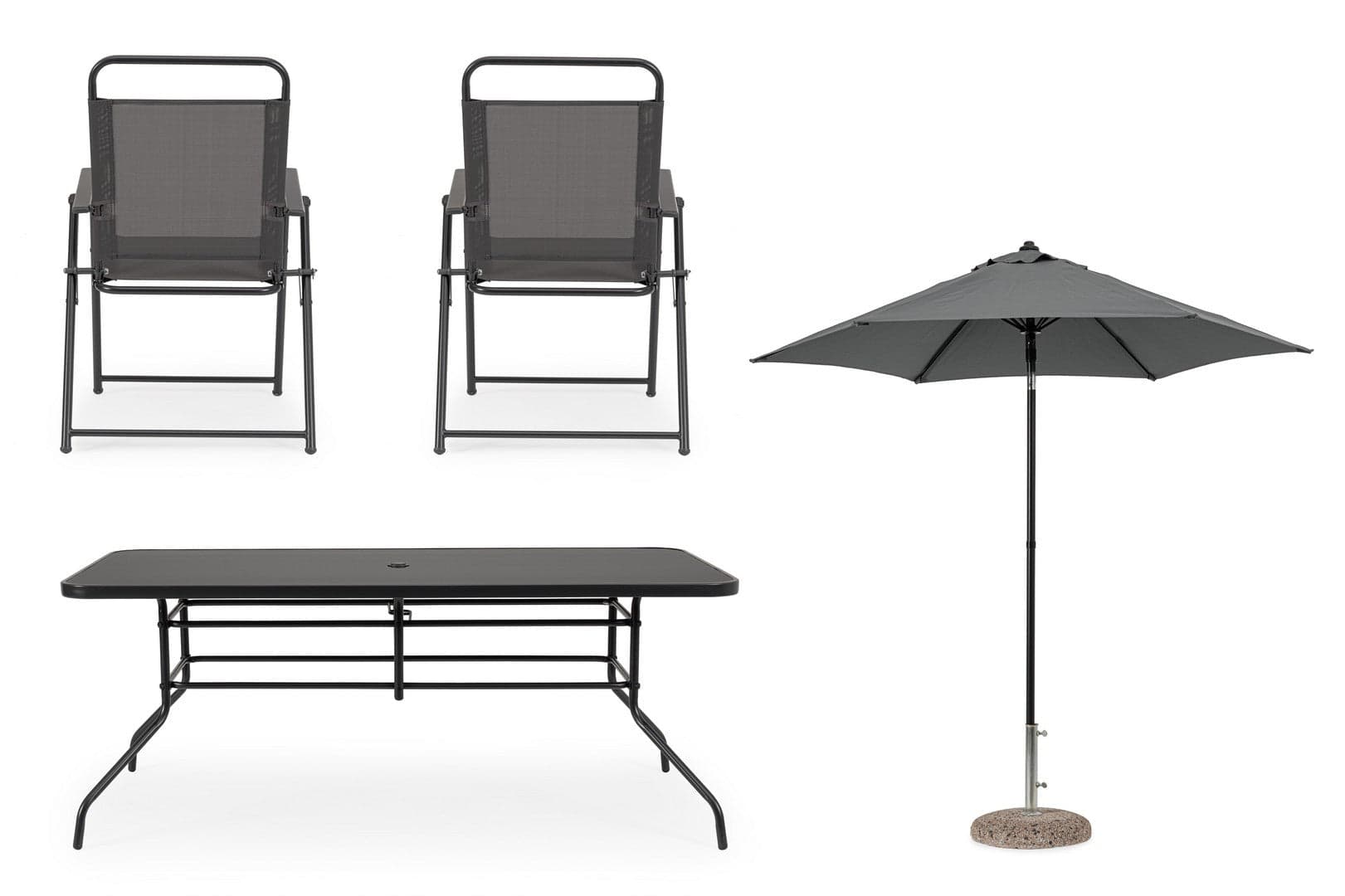 Set tavolo "Pompei" con sedie e ombrellone, in alluminio verniciato antracite, per esterno in Set di mobili Decor Space - Altamura, commercioVirtuoso.it