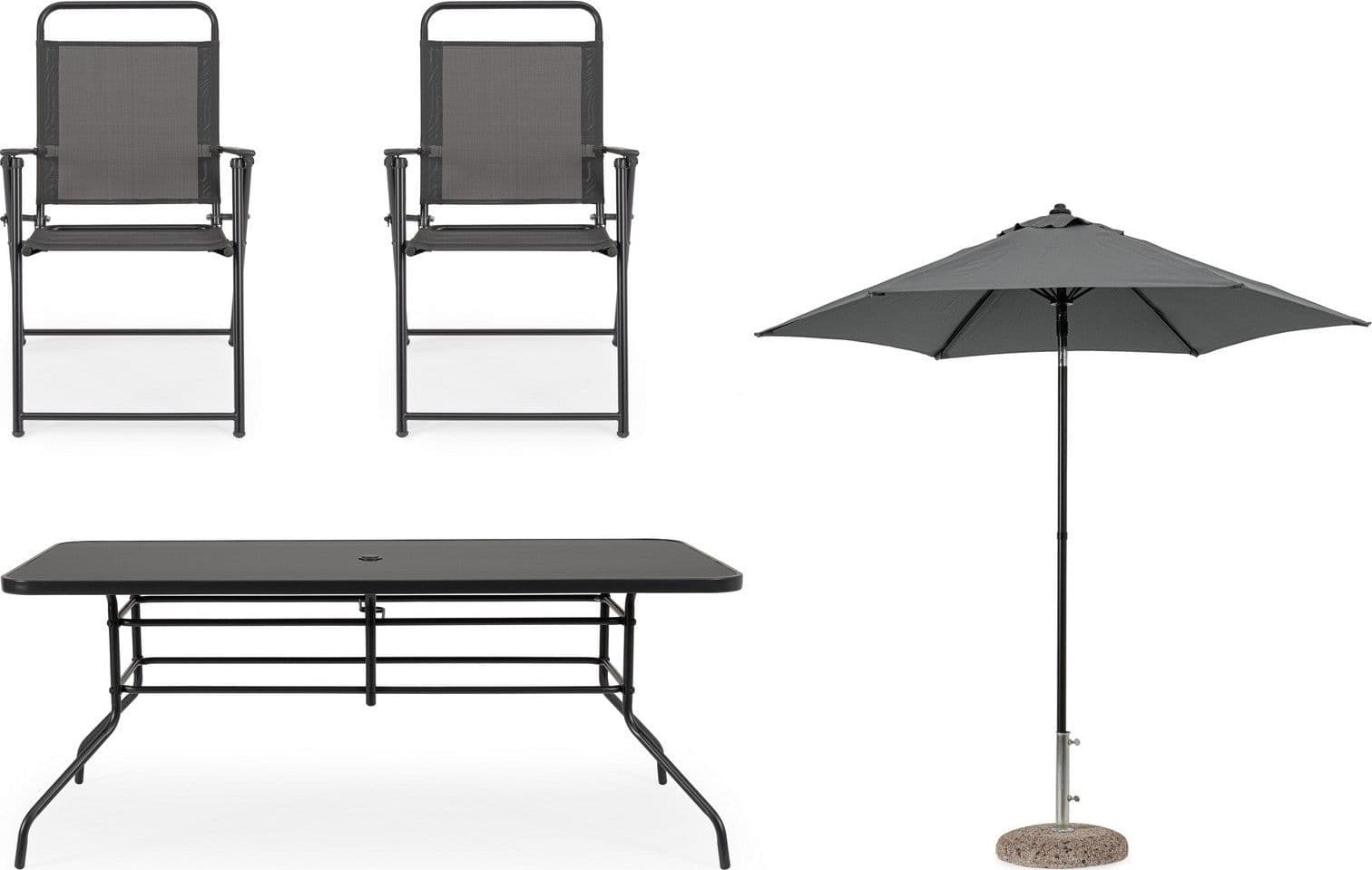 Set tavolo "Pompei" con sedie e ombrellone, in alluminio verniciato antracite, per esterno in Set di mobili Decor Space - Altamura, commercioVirtuoso.it