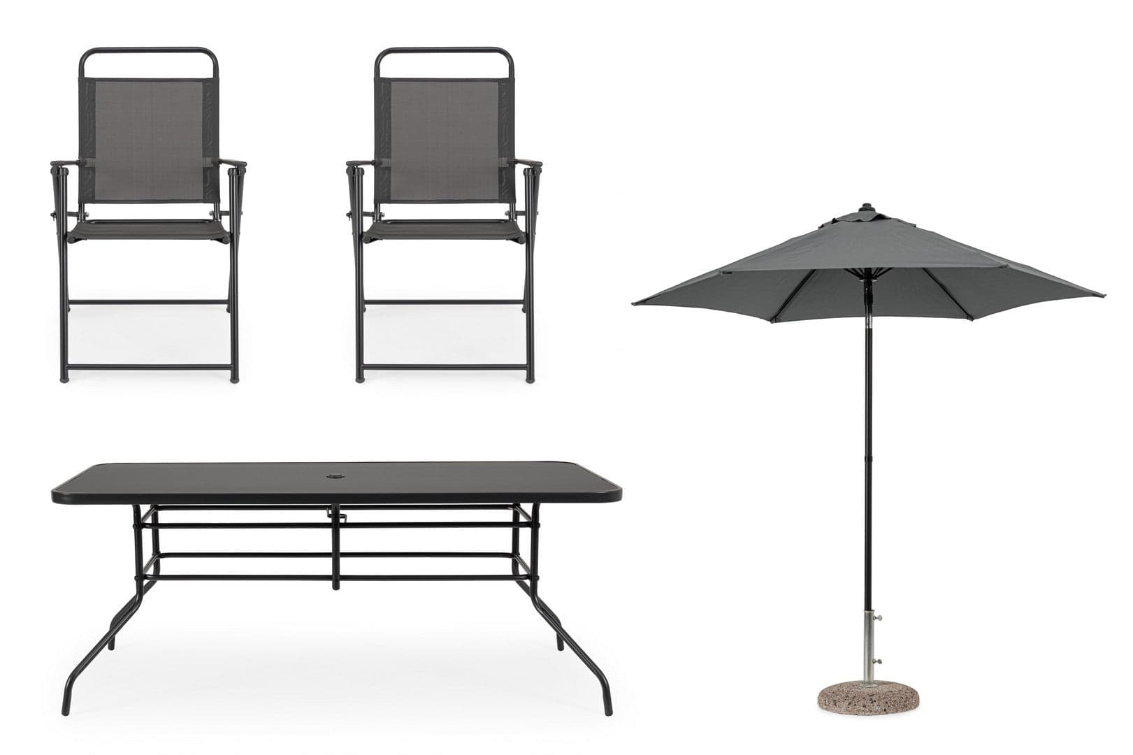 Set tavolo "Pompei" con sedie e ombrellone, in alluminio verniciato antracite, per esterno in Set di mobili Decor Space - Altamura, commercioVirtuoso.it