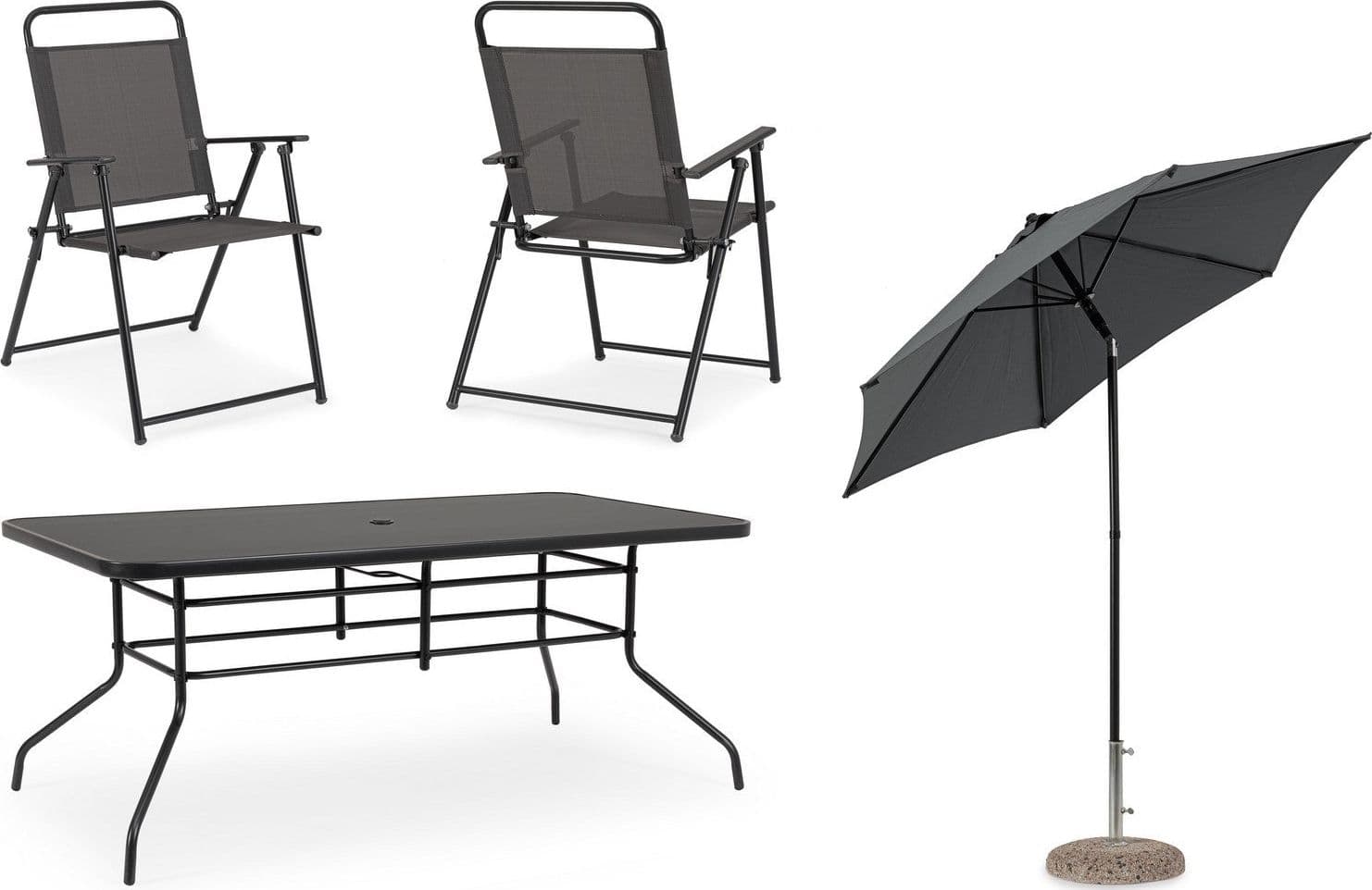 Set tavolo "Pompei" con sedie e ombrellone, in alluminio verniciato antracite, per esterno in Set di mobili Decor Space - Altamura, commercioVirtuoso.it