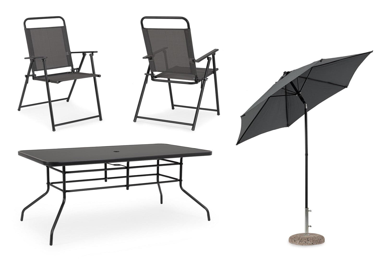 Set tavolo "Pompei" con sedie e ombrellone, in alluminio verniciato antracite, per esterno in Set di mobili Decor Space - Altamura, commercioVirtuoso.it