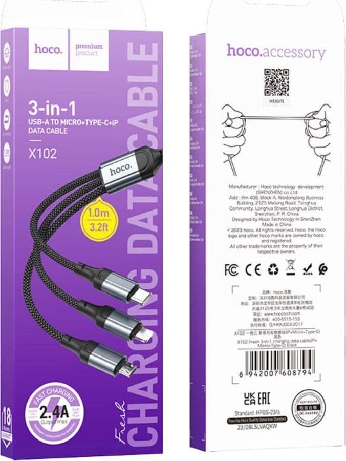 CAVO DI RICARICA HOCO 3 IN 1 USB-A A USB-C/LIGHTNING/MICRO-USB X102 NERO