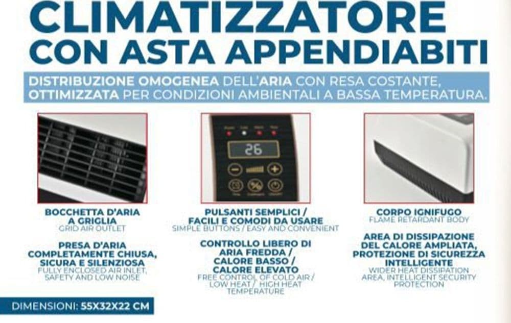 CLIMATIZZATORE CON ASTA APPENDIABITI CONDIZIONATORE CONTROLLO ARIA FREDDA/CALDA 2000W - 3