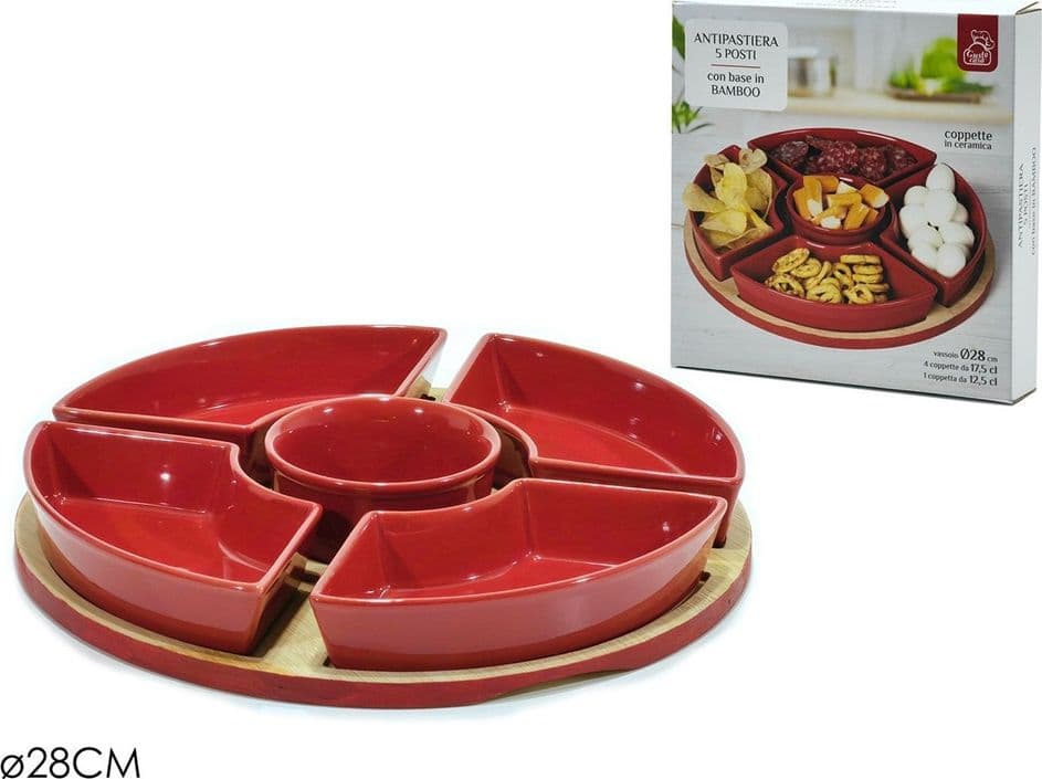 SET ANTIPASTIERA ROSSA CON 5 CIOTOLE IN CERAMICA VASSOIO BASE IN BAMBOO Ø28CM SNACK SALSE - 2