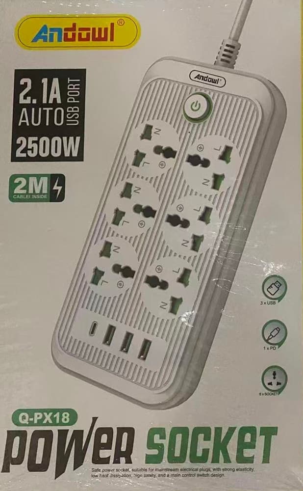 PRESA MULTIPLA DI CORRENTE CON 6 PRESE 3 PORTE USB 1 PORTA PD 2500W CON PULSANTE Q-PX18 - 3
