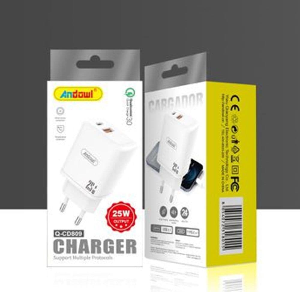 CARICABATTERIE DA MURO A 2 PORTE USB + TYPE-C Q-CD809 25W POWER DELIVERY QUICK CHARGE 3.0 - 2