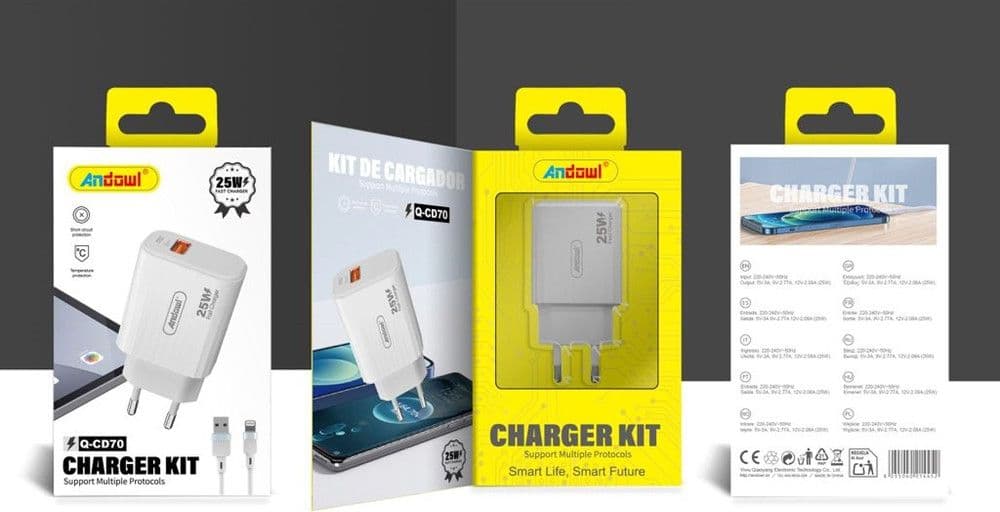 KIT CARICABATTERIE PER CELLULARE PORTA USB CON CAVO LIGHTNING 25W QUICK CHARGE 3.0 Q-CD70 - 2