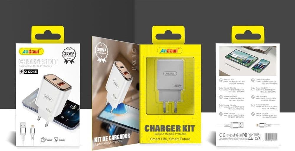 KIT CARICABATTERIE DA PARETE 2 PORTE TYPE-C + USB DA 35 W CON CAVO USB A LIGHTNING Q-CD45 - 4
