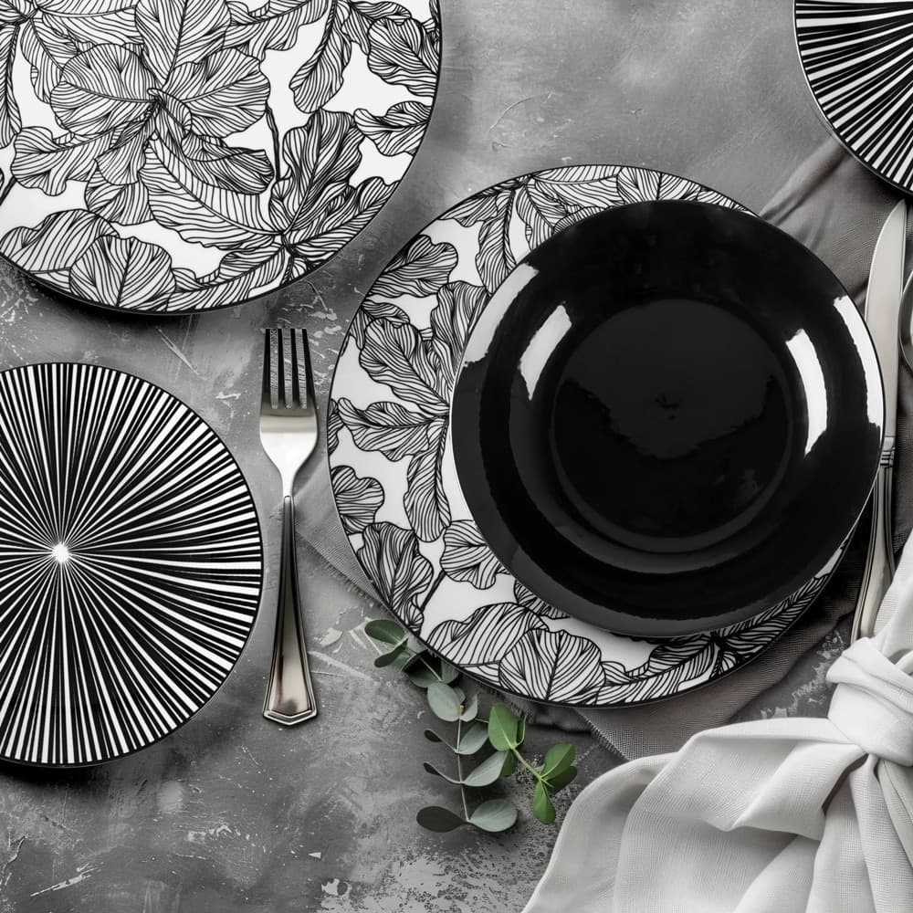 SET SERVIZIO DI PIATTI DA TAVOLA IN PORCELLANA DA 18PZ DECORI BIANCO NERO MODERNO ELEGANTE - 4