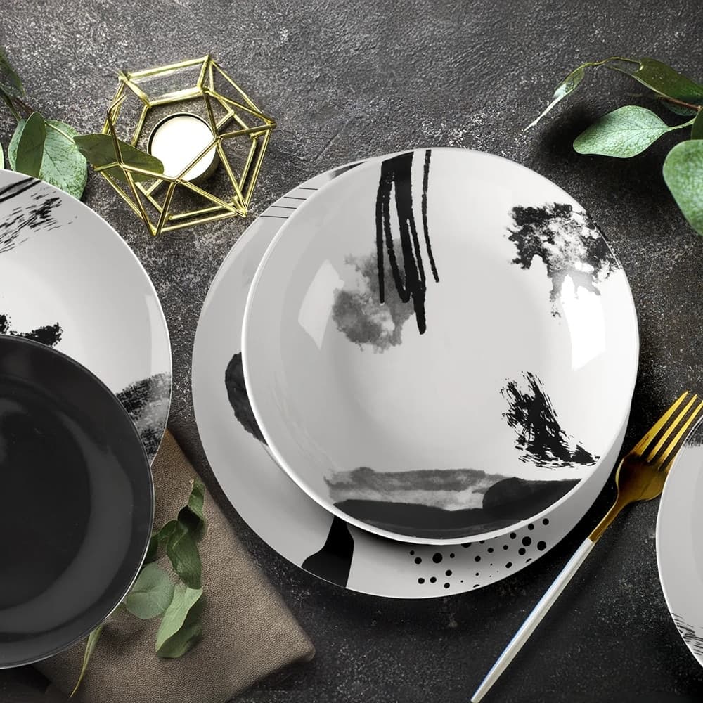 SET SERVIZIO DI PIATTI DA TAVOLA IN PORCELLANA DA 18PZ DESIGN MODERNO FINITURE BIANCO NERO - 3