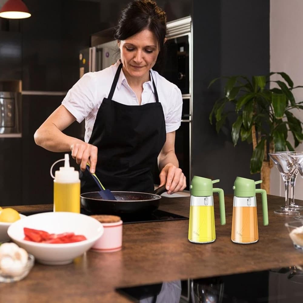 SET DISPENSER DOSATORE 2 IN 1 OLIERA SPRUZZATORE OLIO CON 3 CONTENITORI CONDIMENTI CUCINA - 9