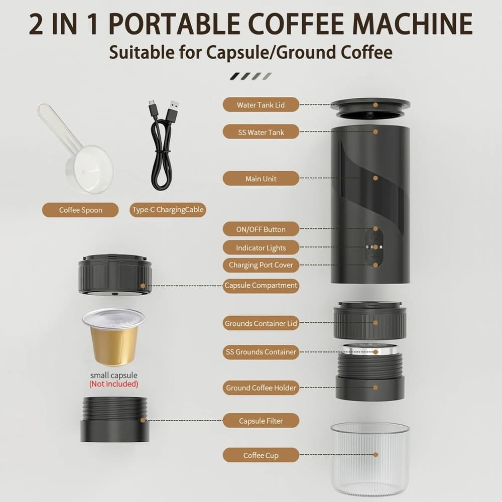 MINI MACCHINA PER CAFFÈ ESPRESSO PORTATILE RICARICABILE 20 BAR 2IN1 PER CAPSULE MACINATO - 15
