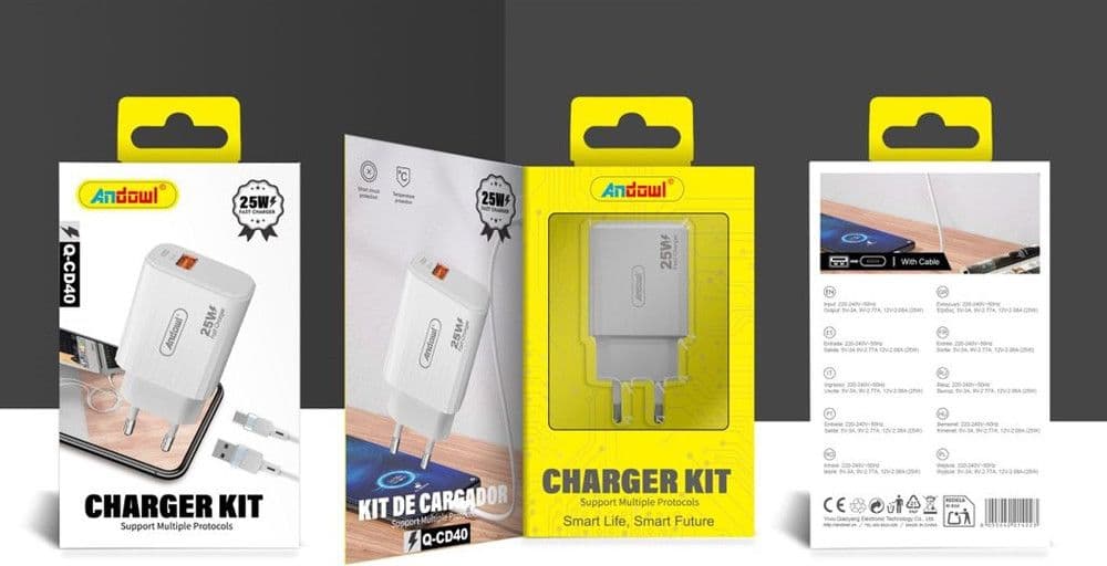 KIT CARICABATTERIE CON PORTA USB CAVO TYPE-C 25W RICARICA RAPIDA QUICK CHARGE 3.0 Q-CD40 - 2