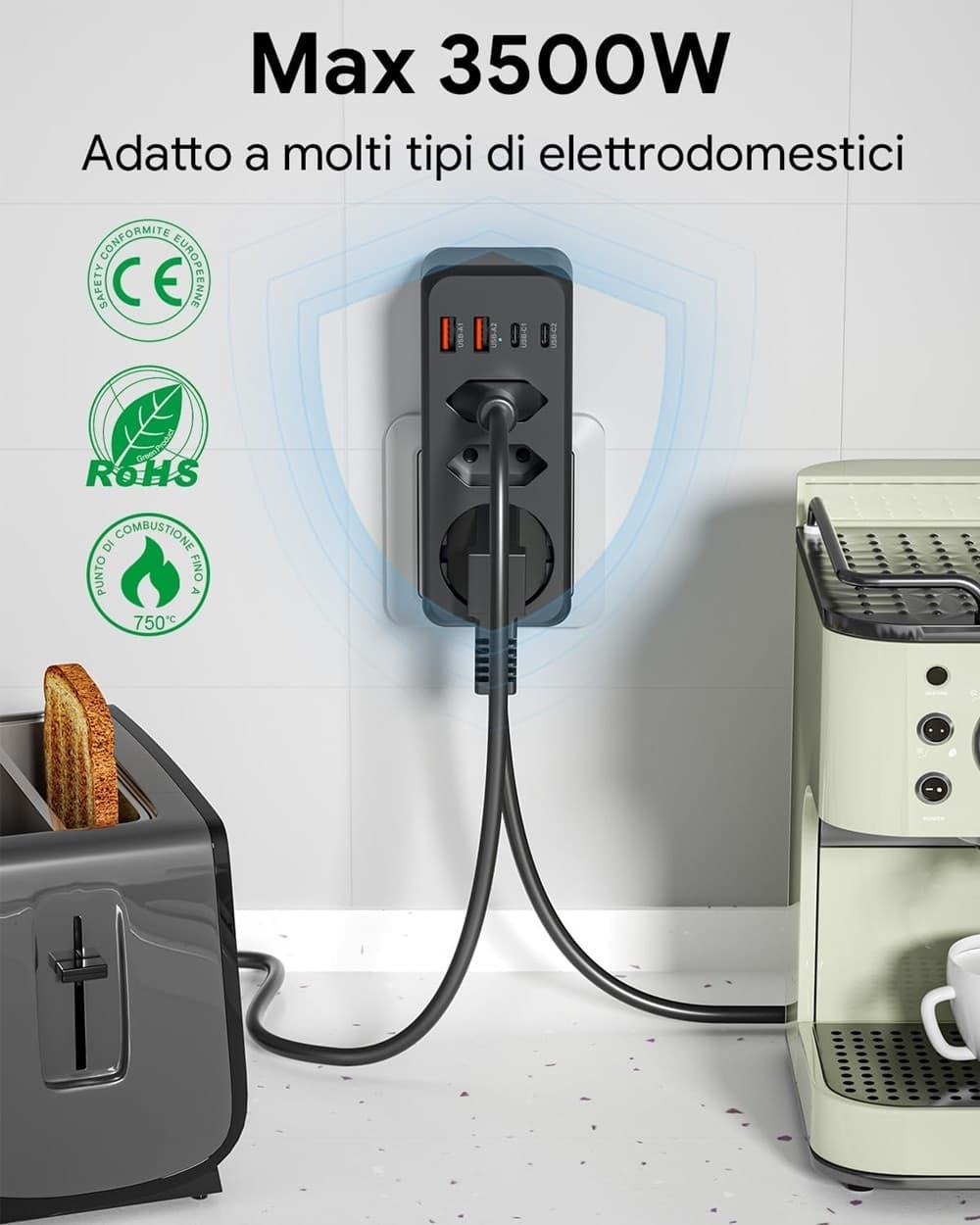 MULTIPRESA DA PARETE MULTIPLA 7IN1 CON 4 USB 1 SCHUKO 2 SPINE EU 3500W SALVASPAZIO Q-CZ3500 - 6