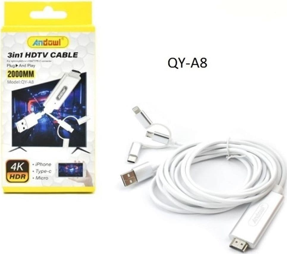 CAVO HDTV 3IN1 HDMI 4K HDR DA 2MT DA USB A CONNETTORI LIGHTNING / TIPO-C / MICRO USB QY-A8 - 8