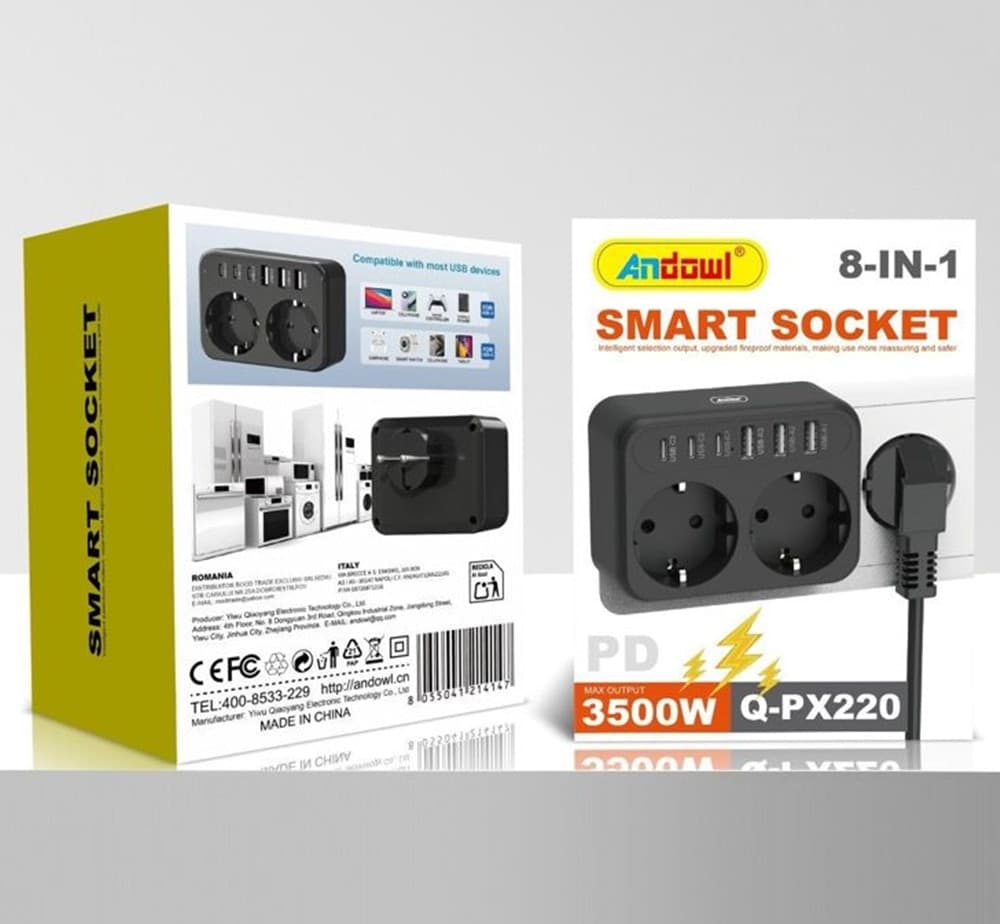 PRESA INTELLIGENTE ADATTATORE DI ALIMENTAZIONE 3500W 8IN1 2 PRESE 3 USB 3 USB-C Q-PX220 - 2