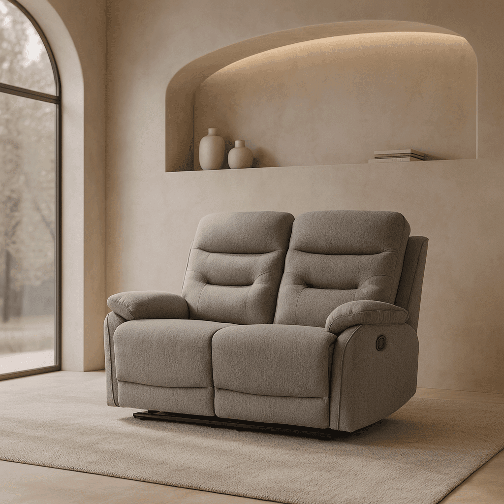 Divano "Andromeda" con doppio recliner manuale e rivestimento in tessuto grigio per interno in Divani Decor Space - Altamura, commercioVirtuoso.it