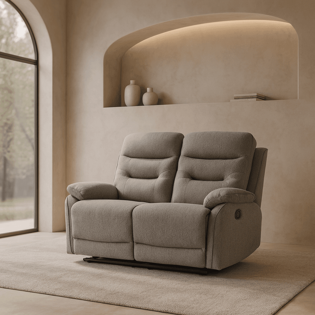 Divano "Andromeda" con doppio recliner manuale e rivestimento in tessuto grigio per interno in Divani Decor Space - Altamura, commercioVirtuoso.it