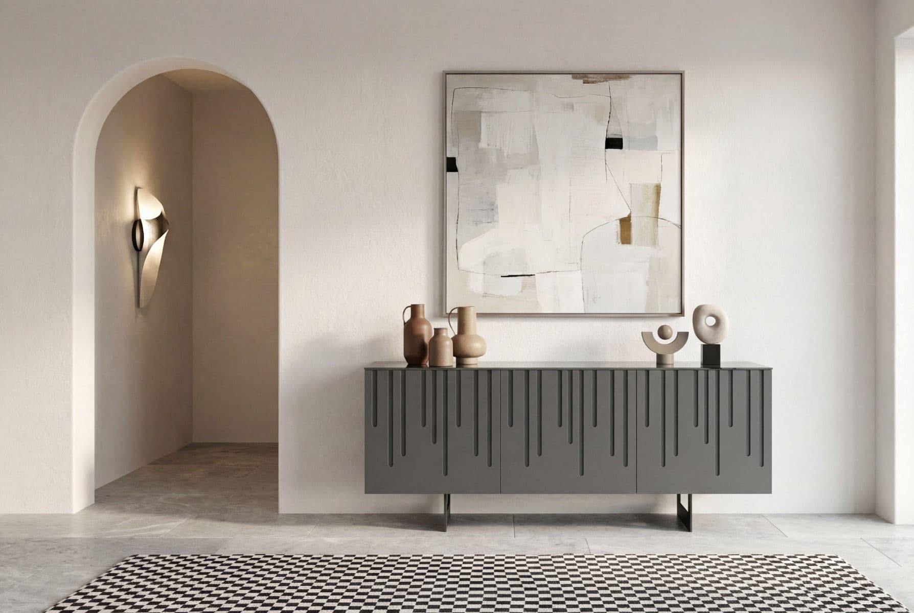 Madia "Eagle" moderna a tre ante in MDF laccato con piede a slitta per interno in Credenze Decor Space - Altamura, commercioVirtuoso.it