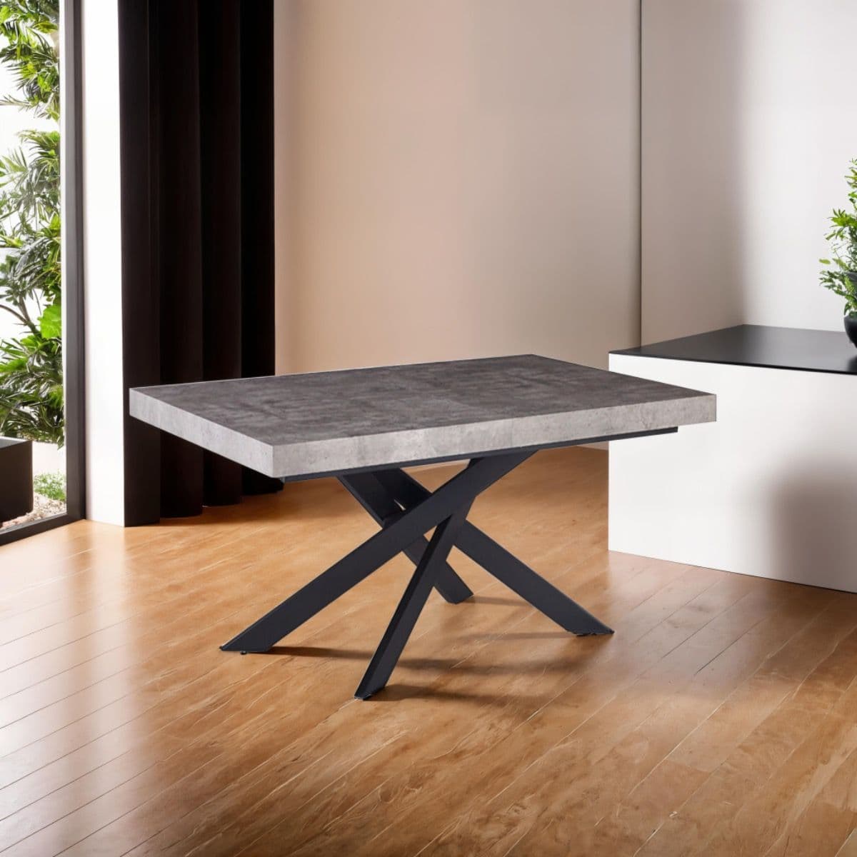 Tavolo "Trappist" con gambe incrociate e piano in finitura cemento beton, design moderno, per arredo interno in Tavoli da sala da pranzo Decor Space - Altamura, commercioVirtuoso.it