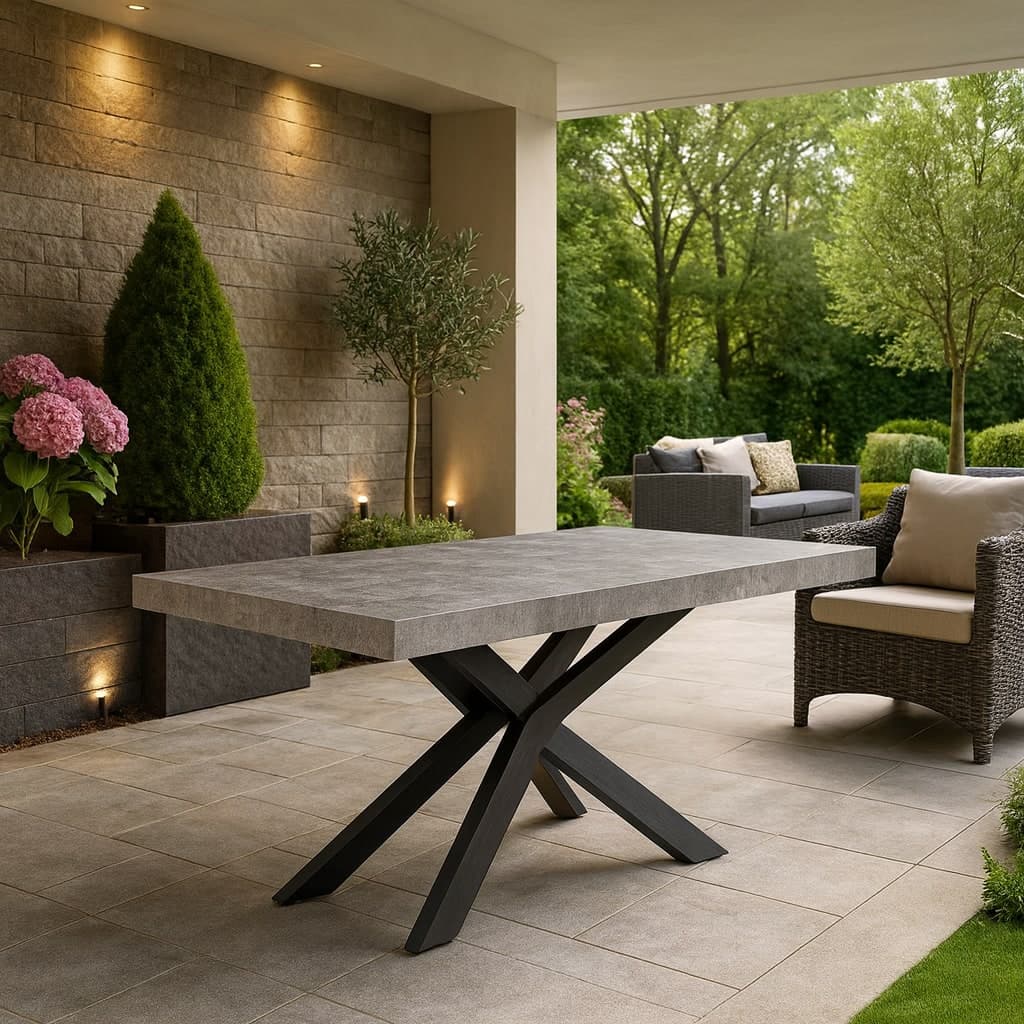Tavolo "Trappist" con gambe incrociate e piano in finitura cemento beton, design moderno, per arredo interno in Tavoli da sala da pranzo Decor Space - Altamura, commercioVirtuoso.it