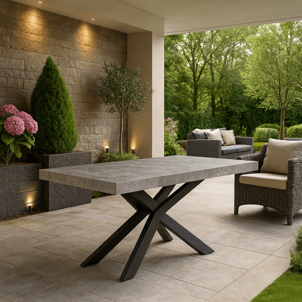 Tavolo "Trappist" con gambe incrociate e piano in finitura cemento beton, design moderno, per arredo interno in Tavoli da sala da pranzo Decor Space - Altamura, commercioVirtuoso.it