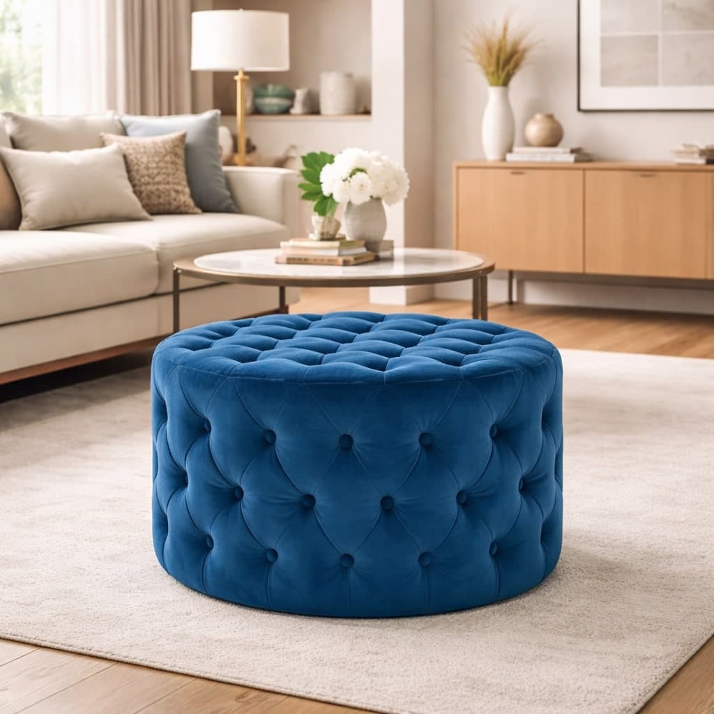 Pouf "Auriga" rotondo con bottoni e rivestimento in velluto per interno in Ottomane e poggiapiedi Decor Space - Altamura, commercioVirtuoso.it