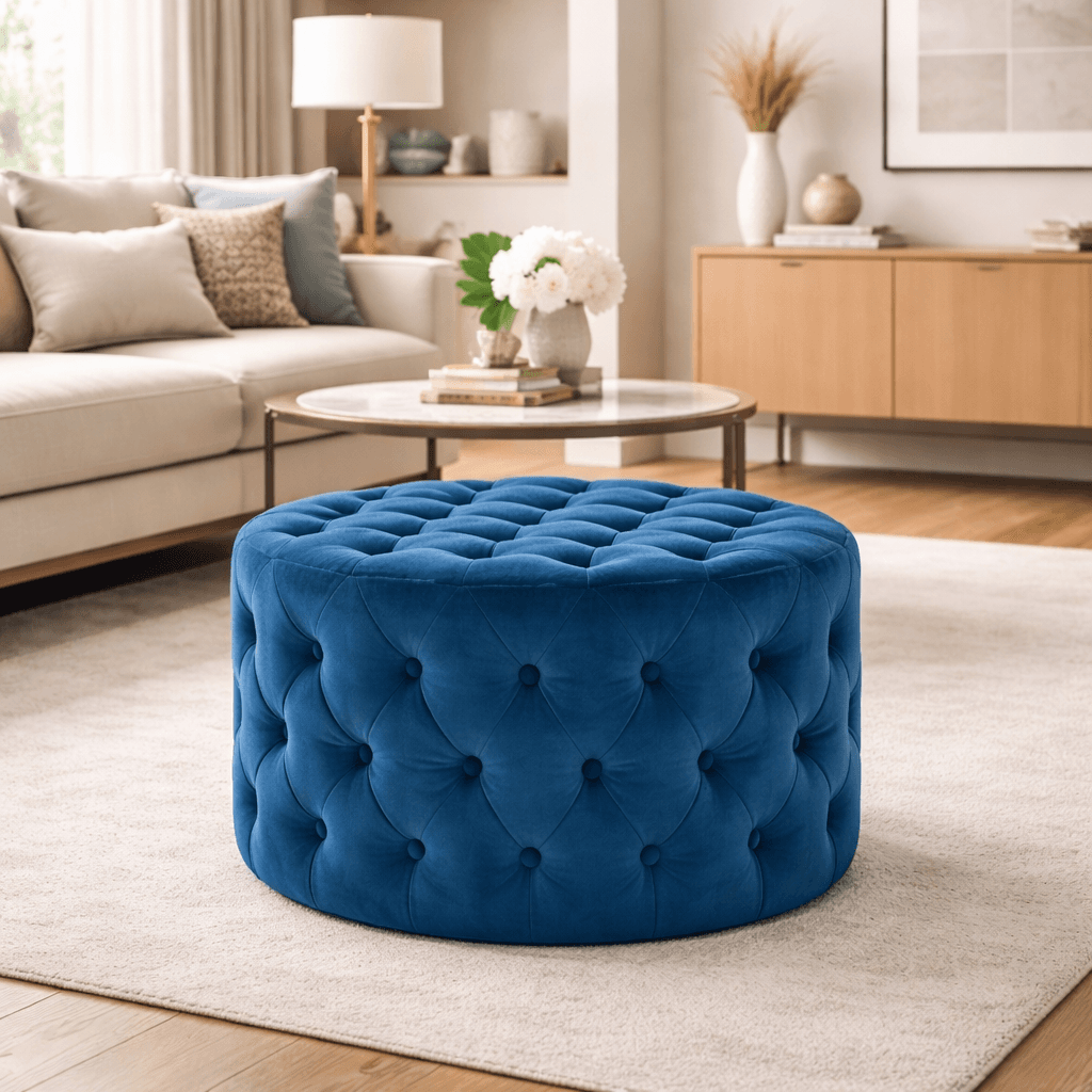 Pouf "Auriga" rotondo con bottoni e rivestimento in velluto per interno in Ottomane e poggiapiedi Decor Space - Altamura, commercioVirtuoso.it