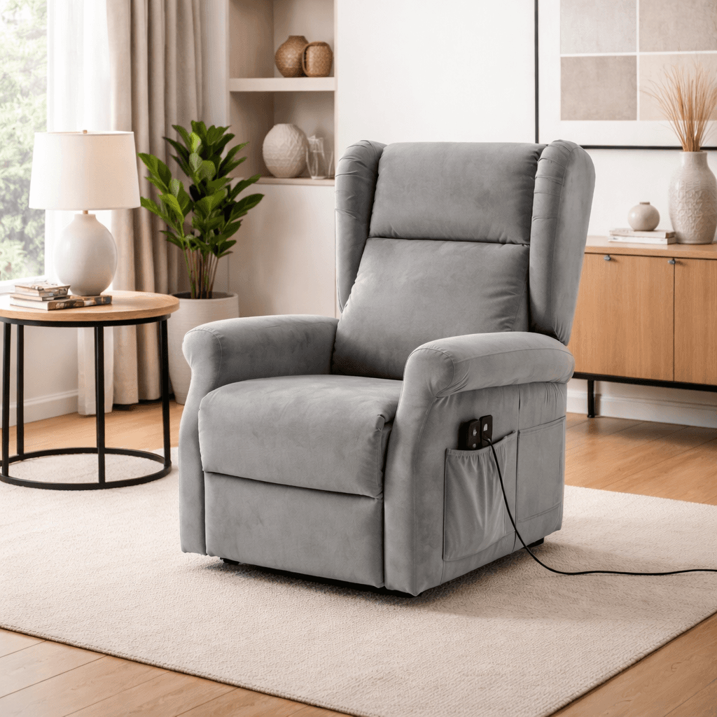 Poltrona "Perseus" con recliner elettrico e rivestimento in tessuto grigio per interno in Poltrone Decor Space - Altamura, commercioVirtuoso.it
