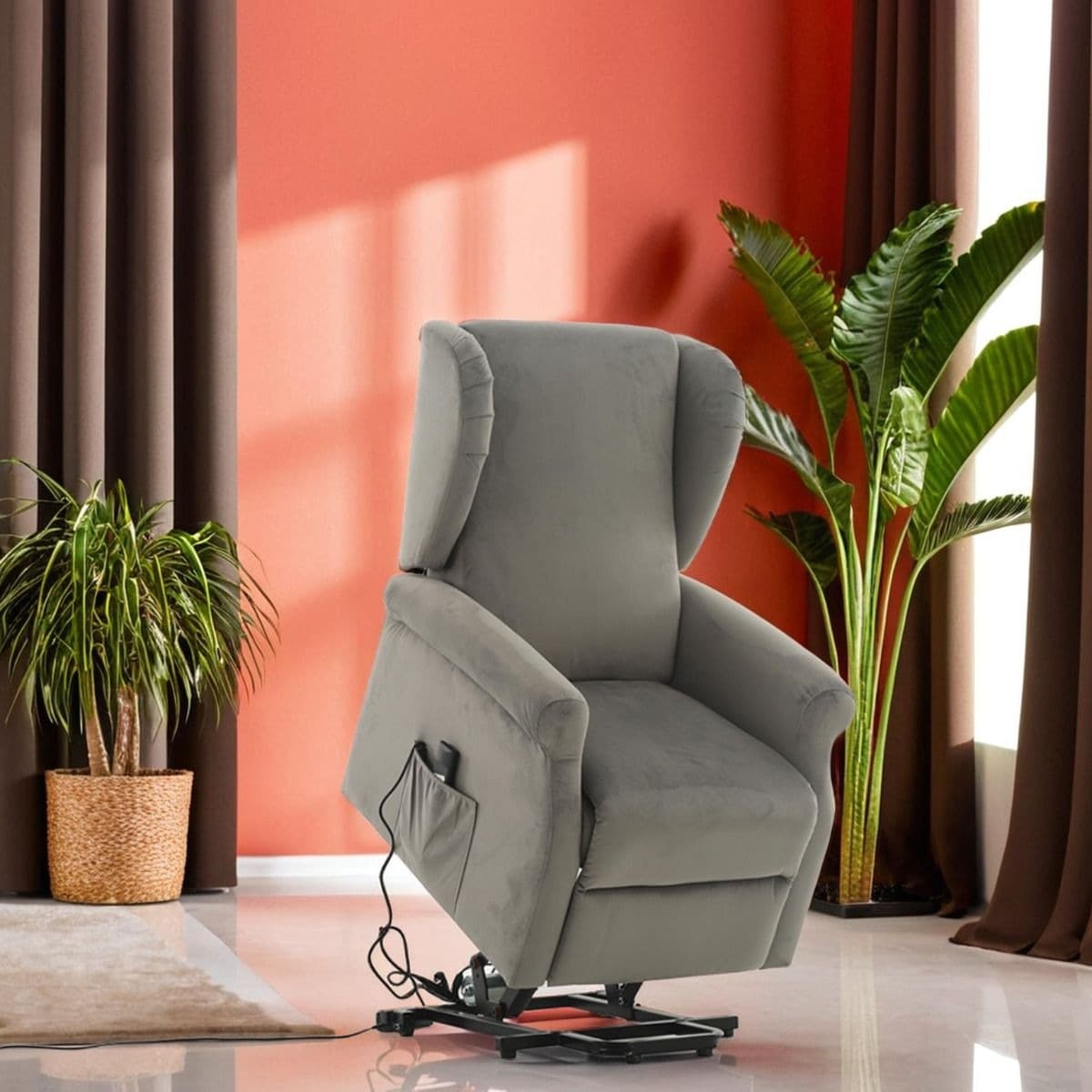 Poltrona "Perseus" con recliner elettrico e rivestimento in tessuto grigio per interno in Poltrone Decor Space - Altamura, commercioVirtuoso.it