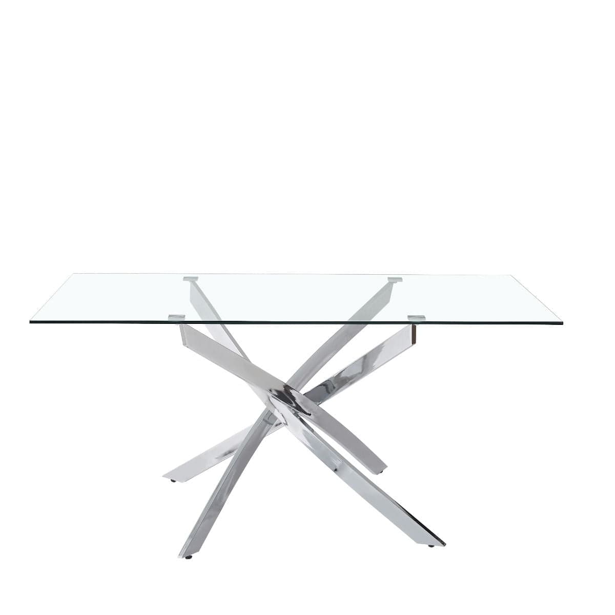Tavolo "Terra" con gambe incrociate in metallo cromato e piano in vetro temperato, design moderno per arredo interno in Tavoli da sala da pranzo Decor Space - Altamura, commercioVirtuoso.it