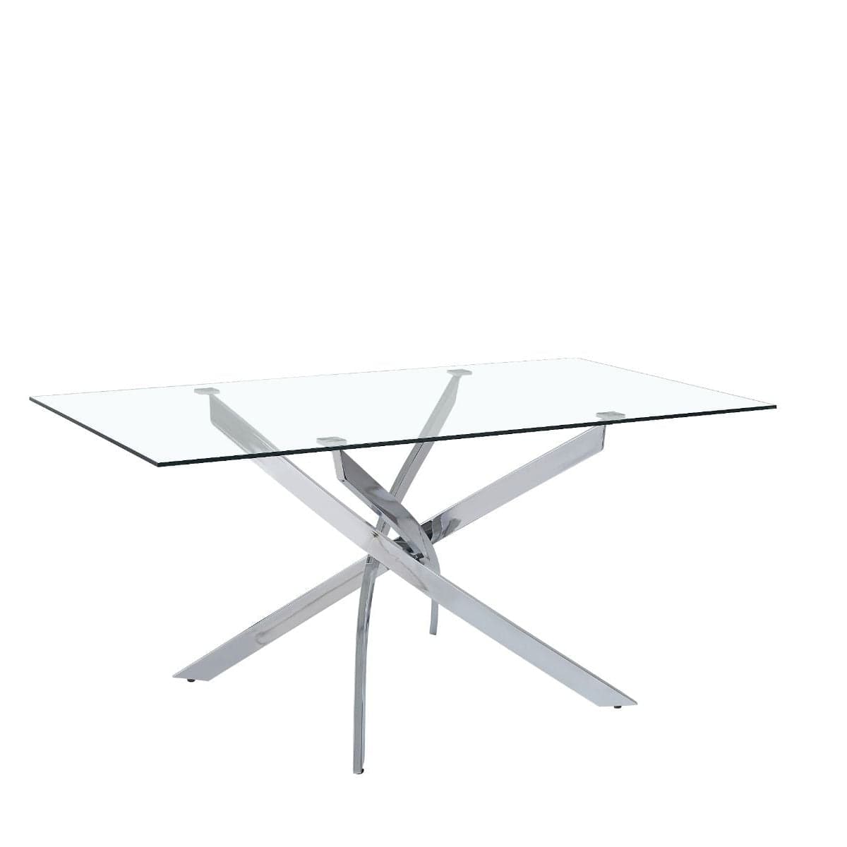 Tavolo "Terra" con gambe incrociate in metallo cromato e piano in vetro temperato, design moderno per arredo interno in Tavoli da sala da pranzo Decor Space - Altamura, commercioVirtuoso.it